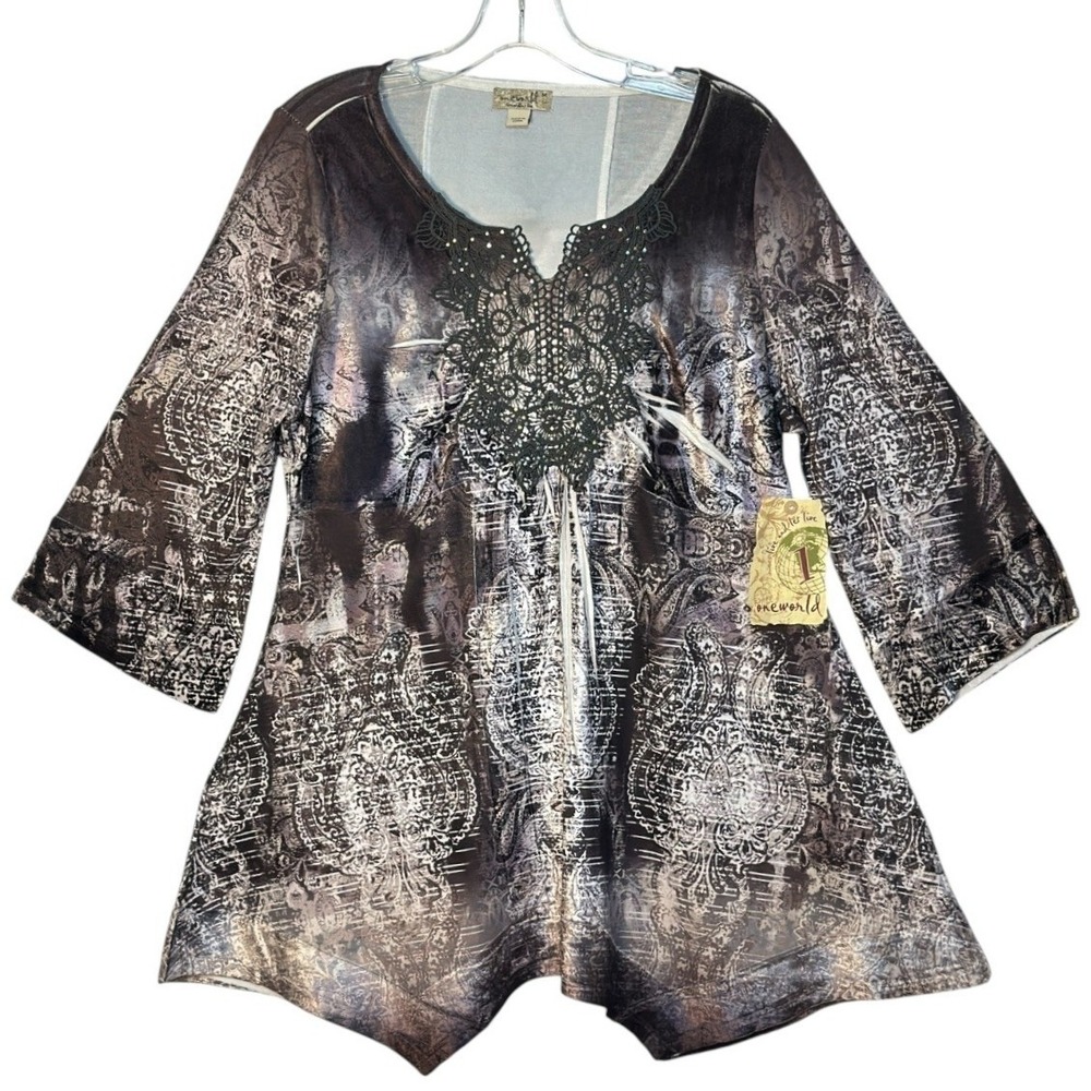 One World Tunic Top Womens Charcoal Paisley Crochet Sharkbite Art To Wear Boho M